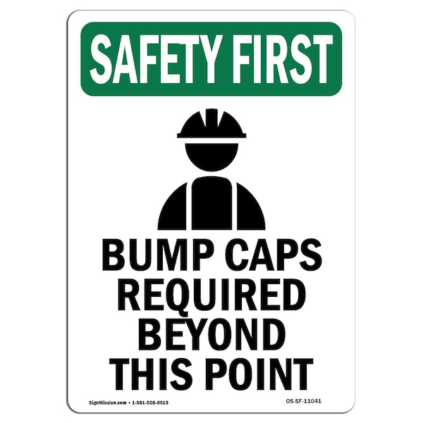 OSHA Sign, Bump Caps Required W/ Symbol, 24in X 18in Rigid Plastic, 18" W, 24" H, Portrait